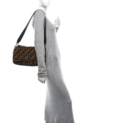 Fendi Shearling Vitello Dolce Macro FF 1974 Large Baguette Tobacco Black 2 of 11