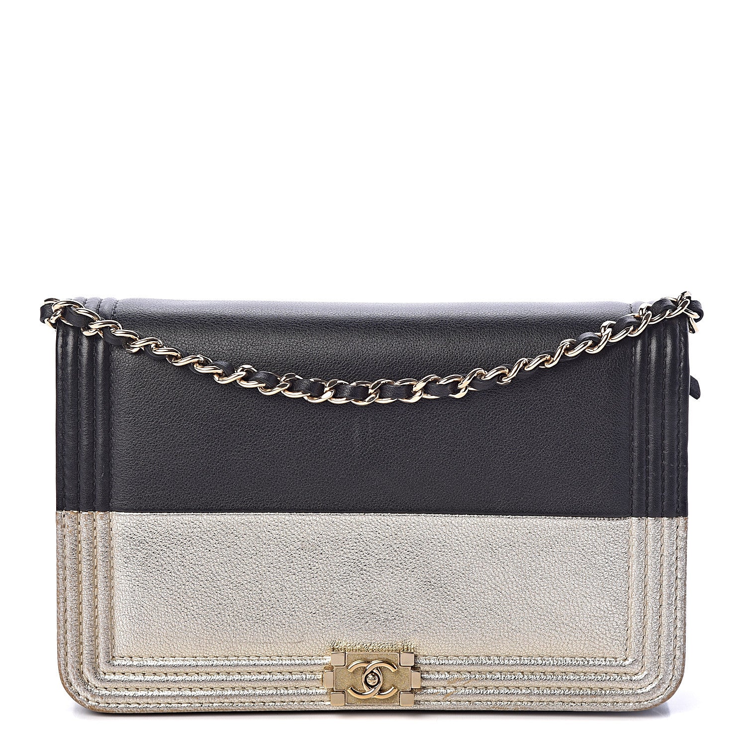 Chanel Metallic Goatskin Lambskin Boy Wallet on Chain WOC Black Gold 1 of 11