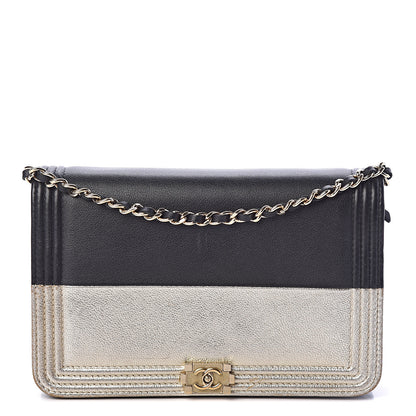 Chanel Metallic Goatskin Lambskin Boy Wallet on Chain WOC Black Gold 1 of 11