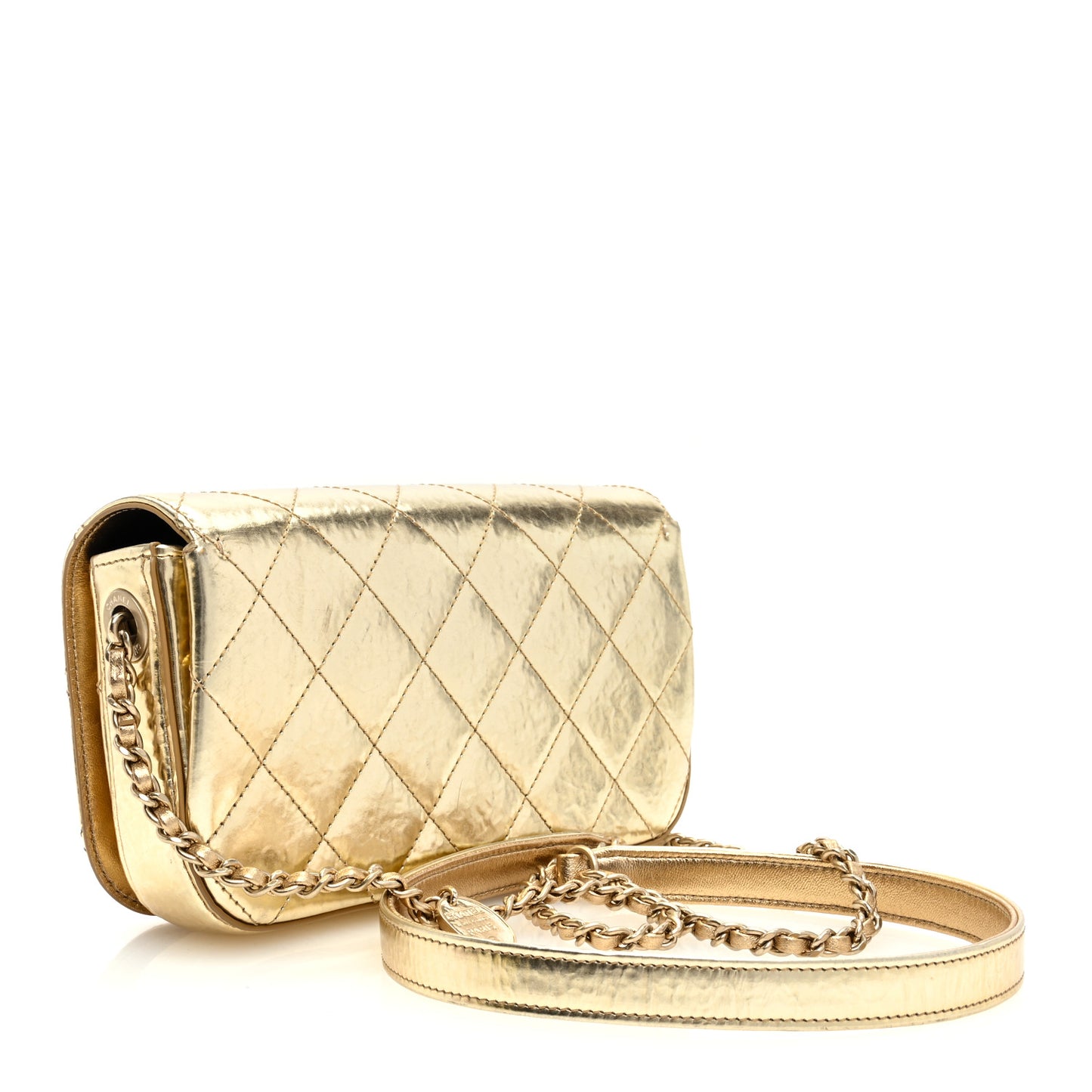 Hammered Metallic Calfskin Quilted Flap Gold