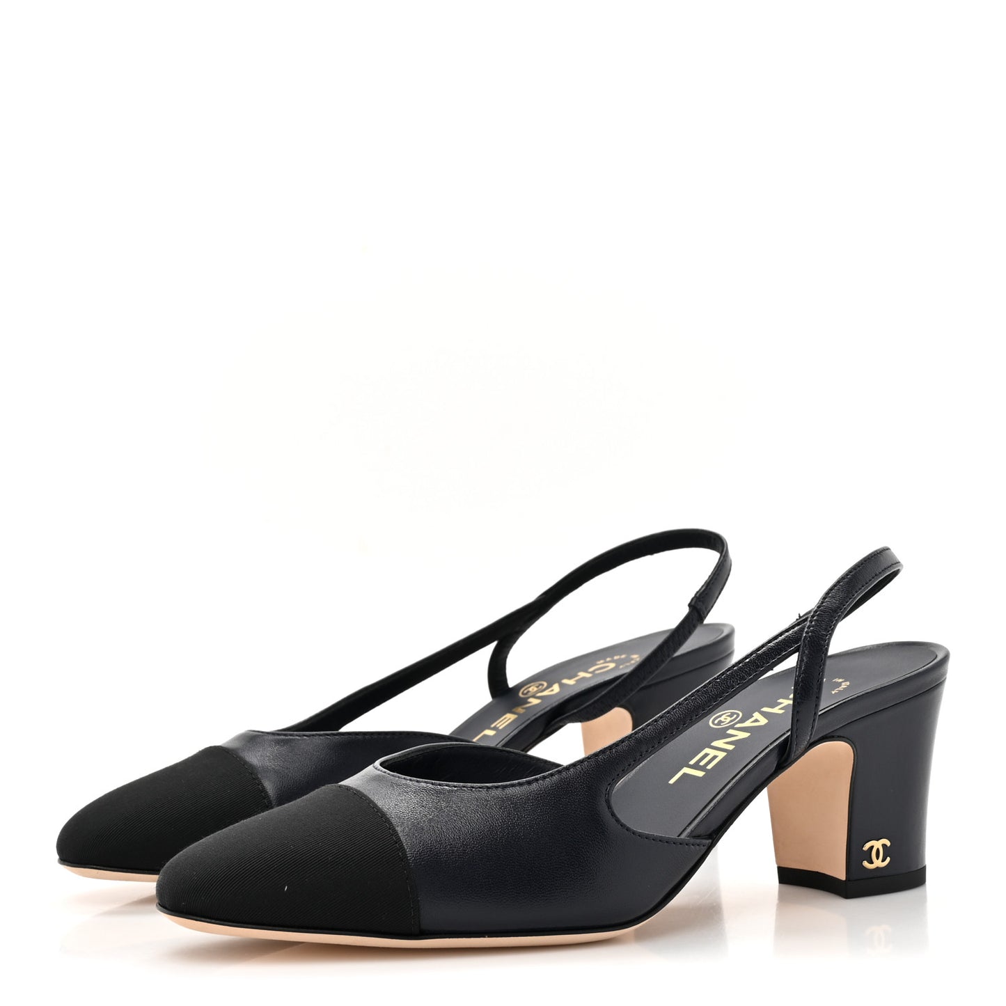 Lambskin Grosgrain Cap Toe CC Slingback Sandals 37 Navy Black