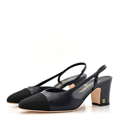 Chanel Lambskin Grosgrain Cap Toe CC Slingback Sandals 37 Navy Black 3 of 9