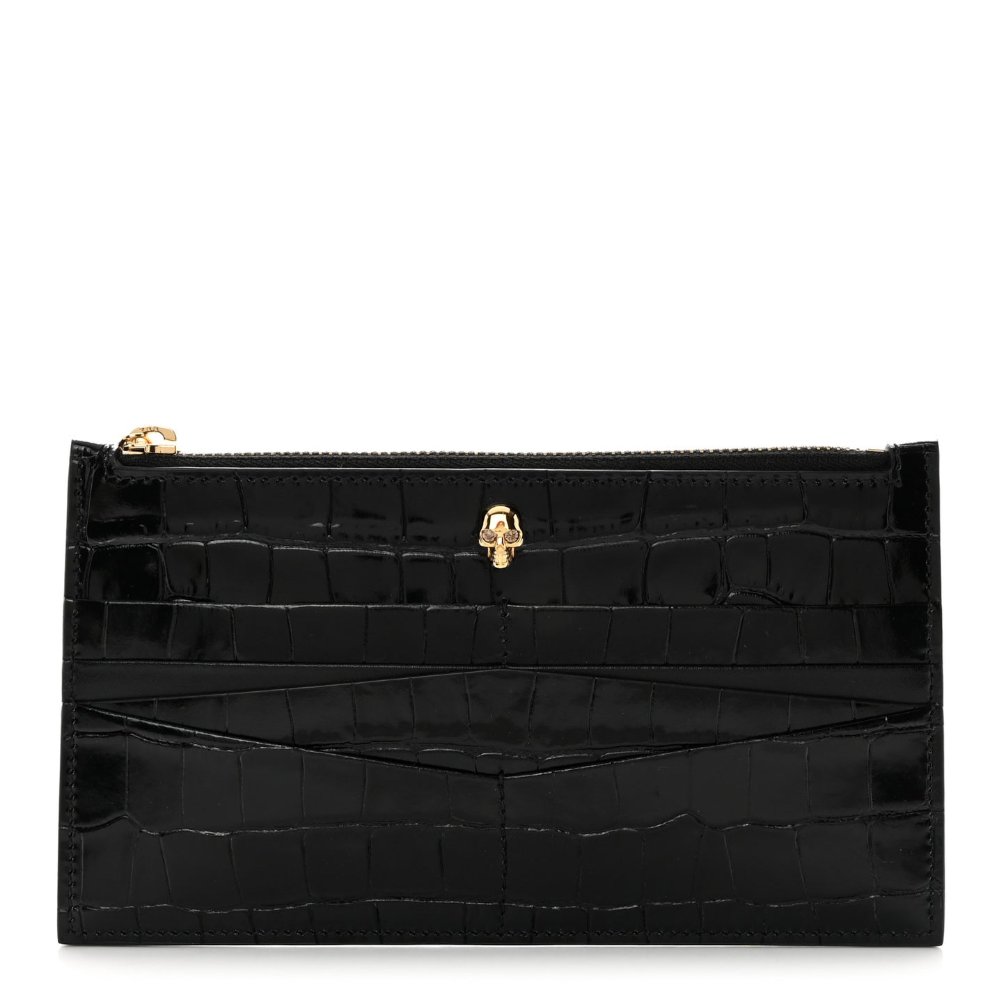 Calfskin Crocodile Embossed Skull Zip Wallet Card Holder Black