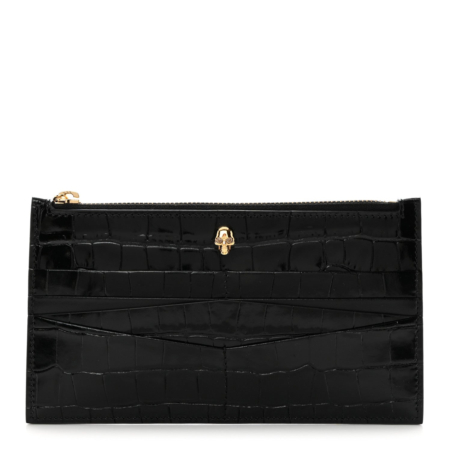 Alexander McQueen Calfskin Crocodile Embossed Skull Zip Wallet Card Holder Black 1 of 8