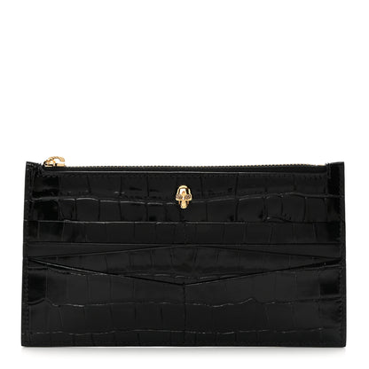 Alexander McQueen Calfskin Crocodile Embossed Skull Zip Wallet Card Holder Black 1 of 8