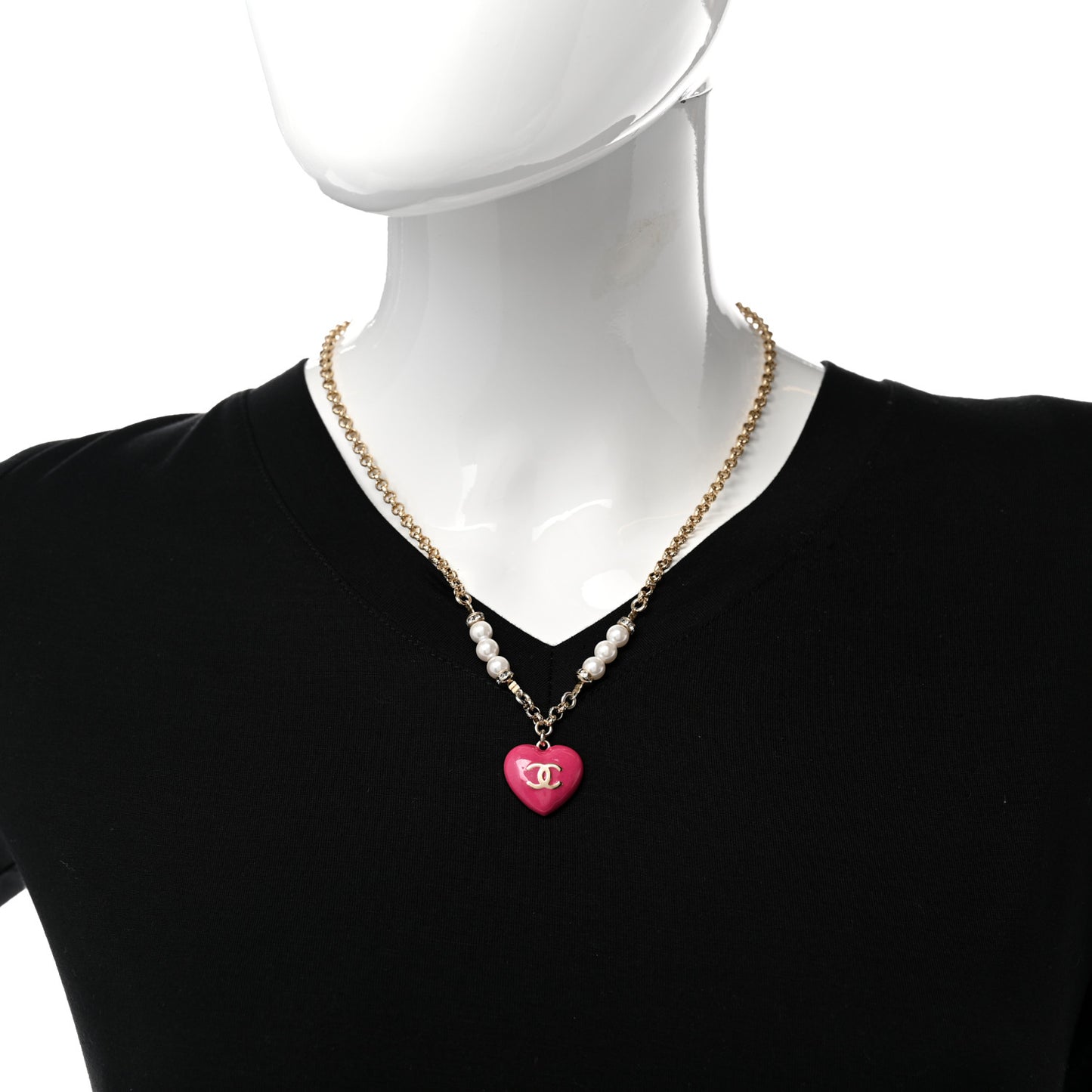 Resin Crystal Pearl Chain Heart CC Drop Necklace Pink White Gold
