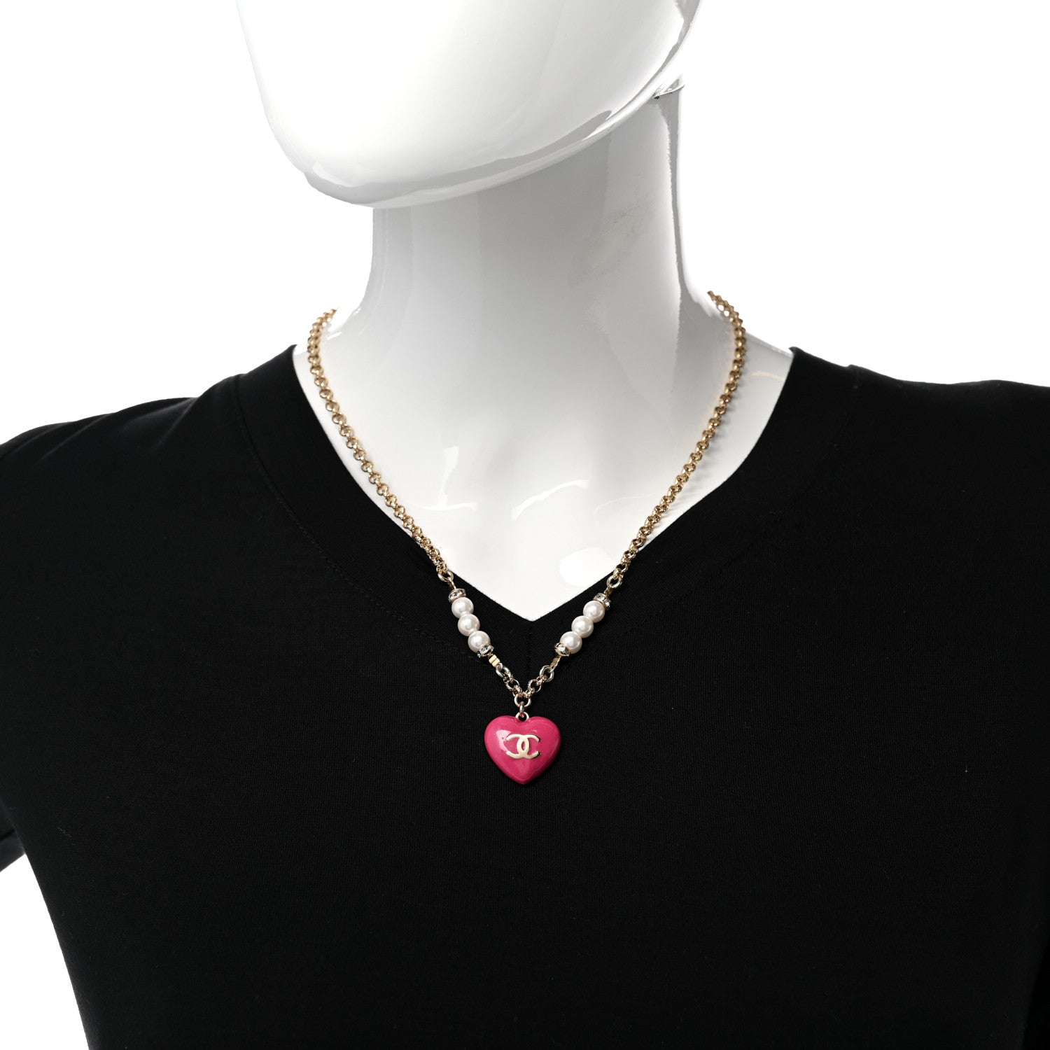 Chanel Resin Crystal Pearl Chain Heart CC Drop Necklace Pink White Gold 2 of 9