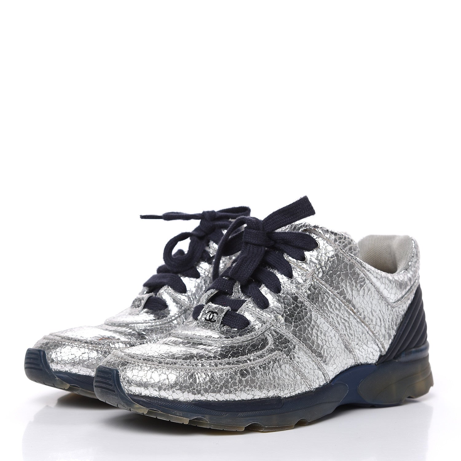 Chanel Metallic Crackled Calfskin CC Sneakers 39 Silver 3 of 13