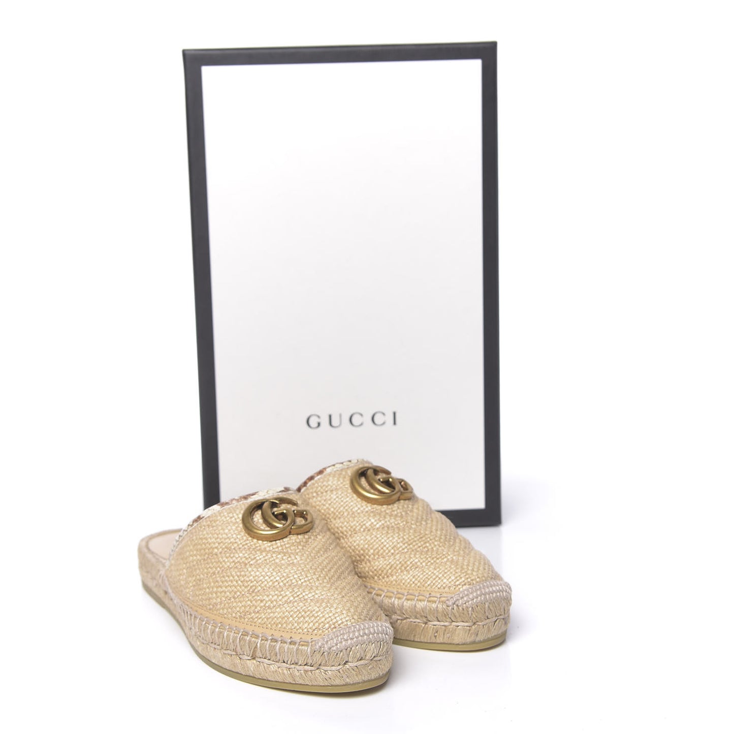 Straw Elaphe Matelasse GG Marmont Espadrille Slippers 36.5 Natural Cream Brown