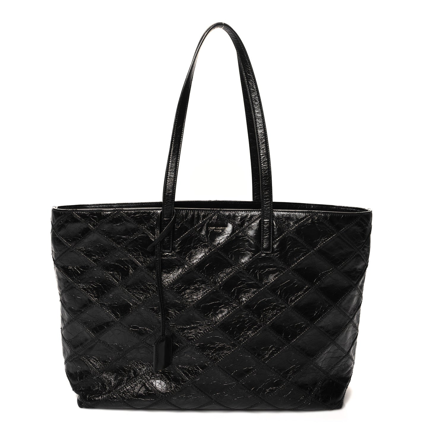 Crinkled Calfskin Quilted East West Shopping Tote Black