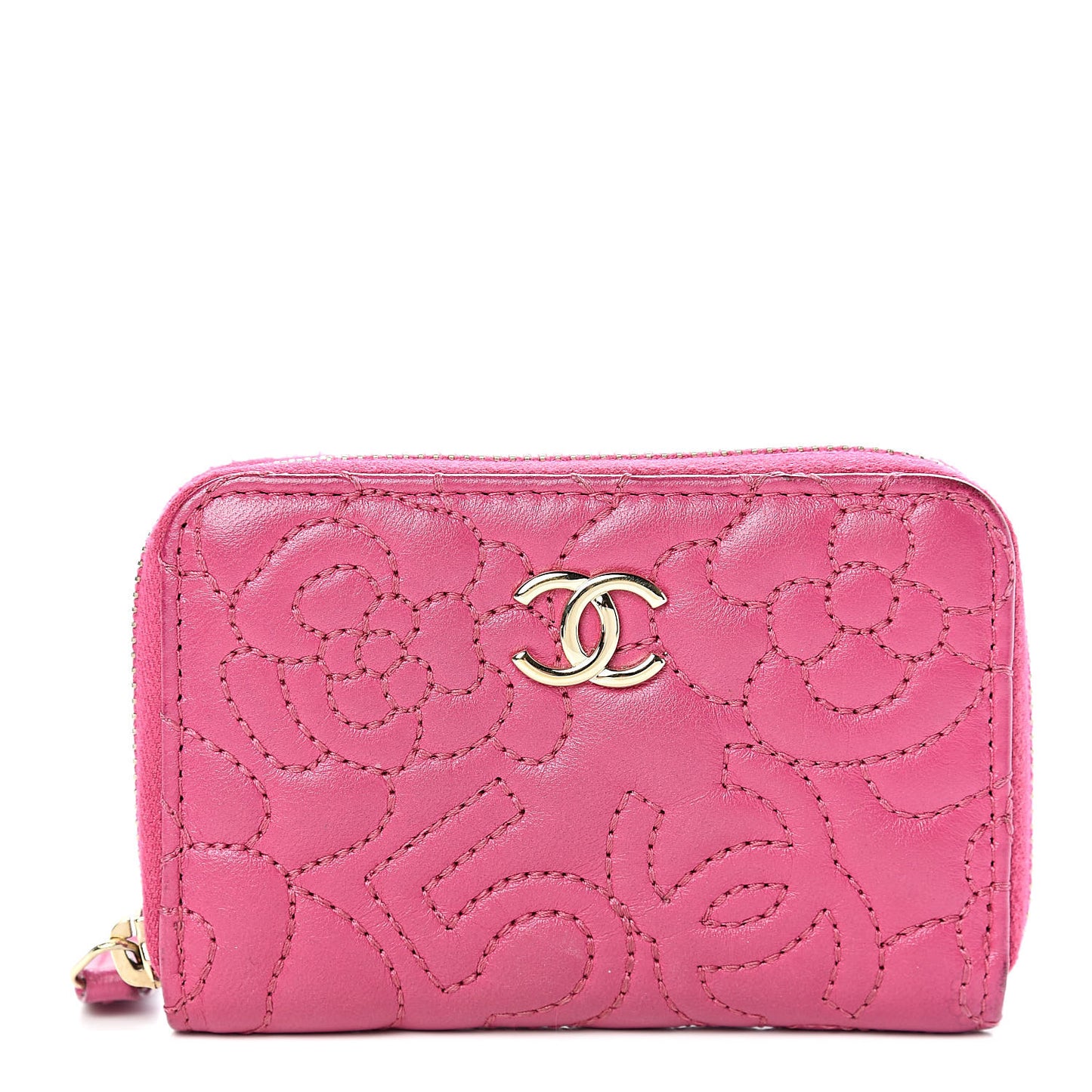 Lambskin Camellia Embossed Zip Coin Purse Fuchsia
