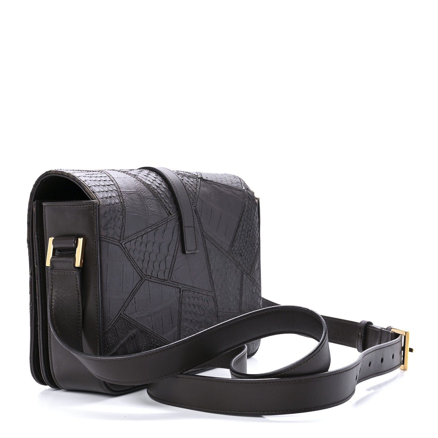 Saint Laurent Reptile Calfskin Embossed Patchwork Animal Monogram Universite Bag Brown 3 of 10