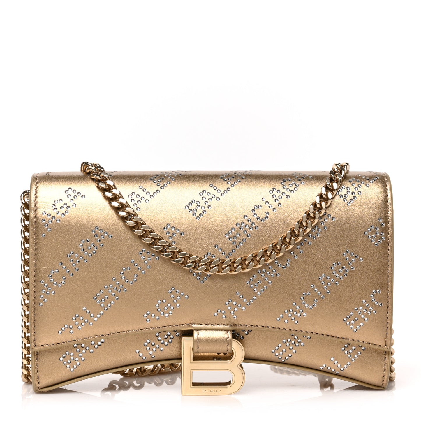 Metallic Smooth Calfskin Crystal Diagonal Allover Logo Hourglass Wallet Light Gold Crystal