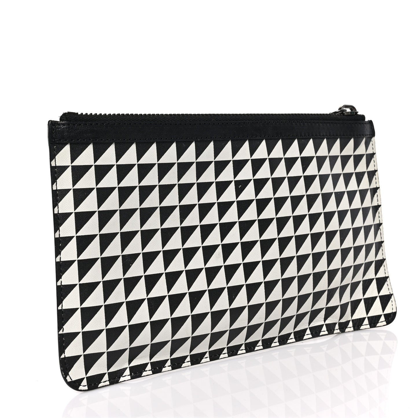 Calfskin Triangle Print Zip Pouch Black White