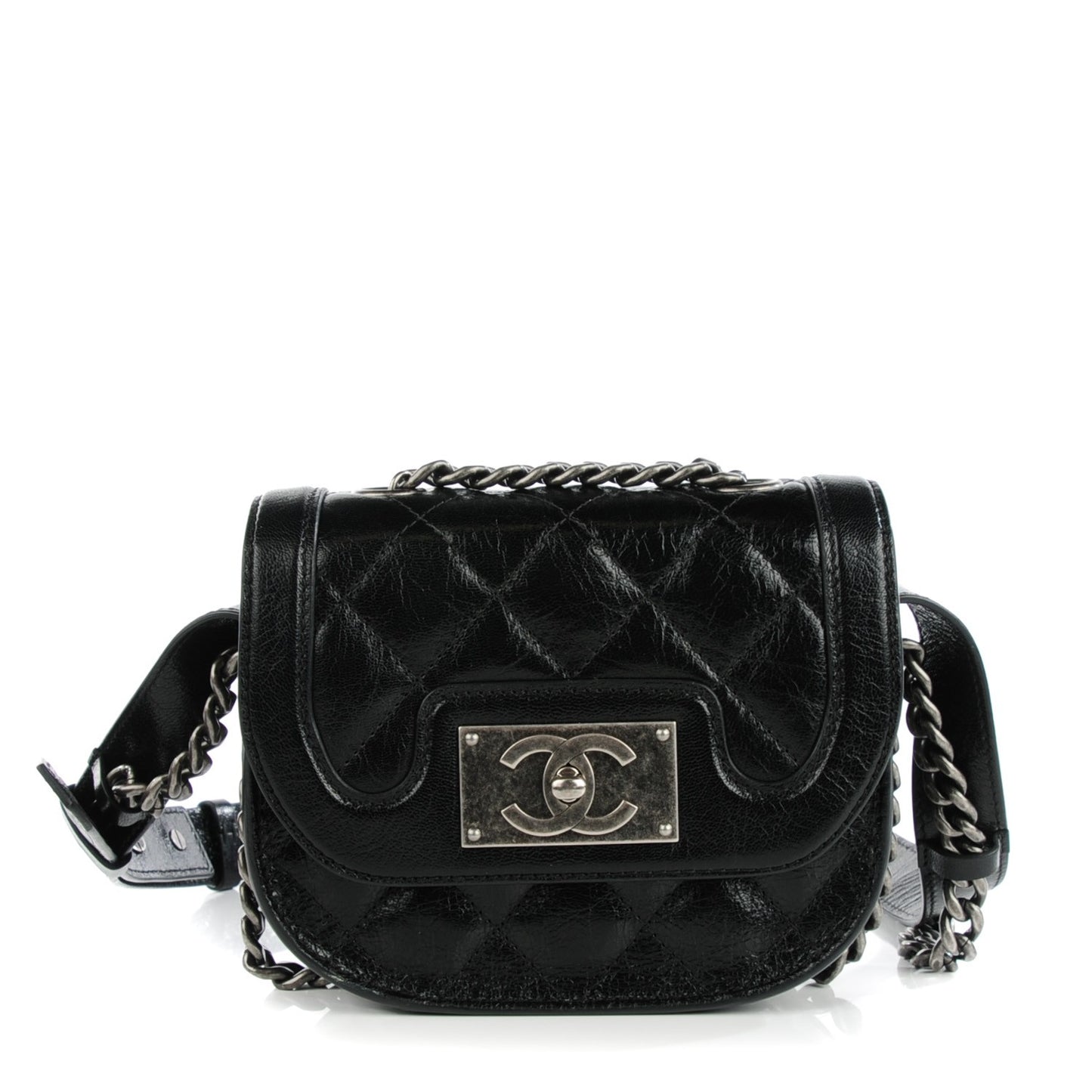 Shiny Goatskin Quilted Small Double Chained Messenger Flap Black