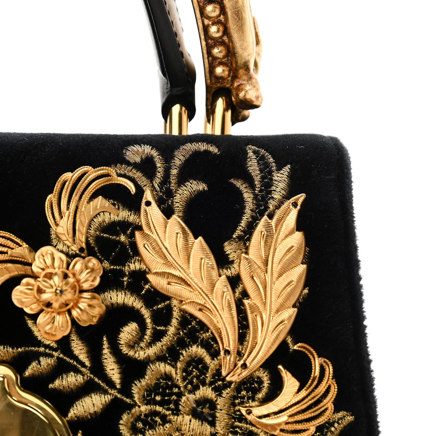 Dolce & Gabbana Velvet Floral Embellished Welcome Satchel Black Gold 10 of 10