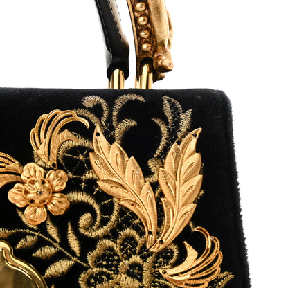 Dolce & Gabbana Velvet Floral Embellished Welcome Satchel Black Gold 10 of 10