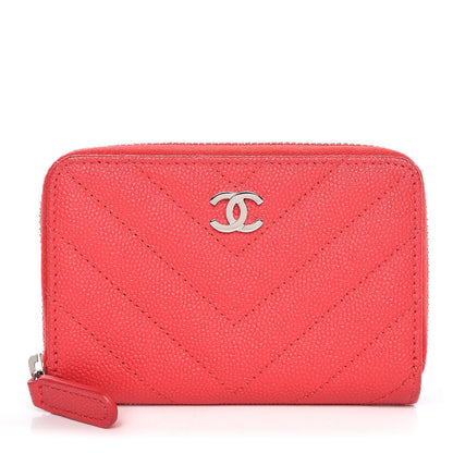 Chanel Caviar Chevron Quilted Zip Coin Purse Light Red 9 of 16