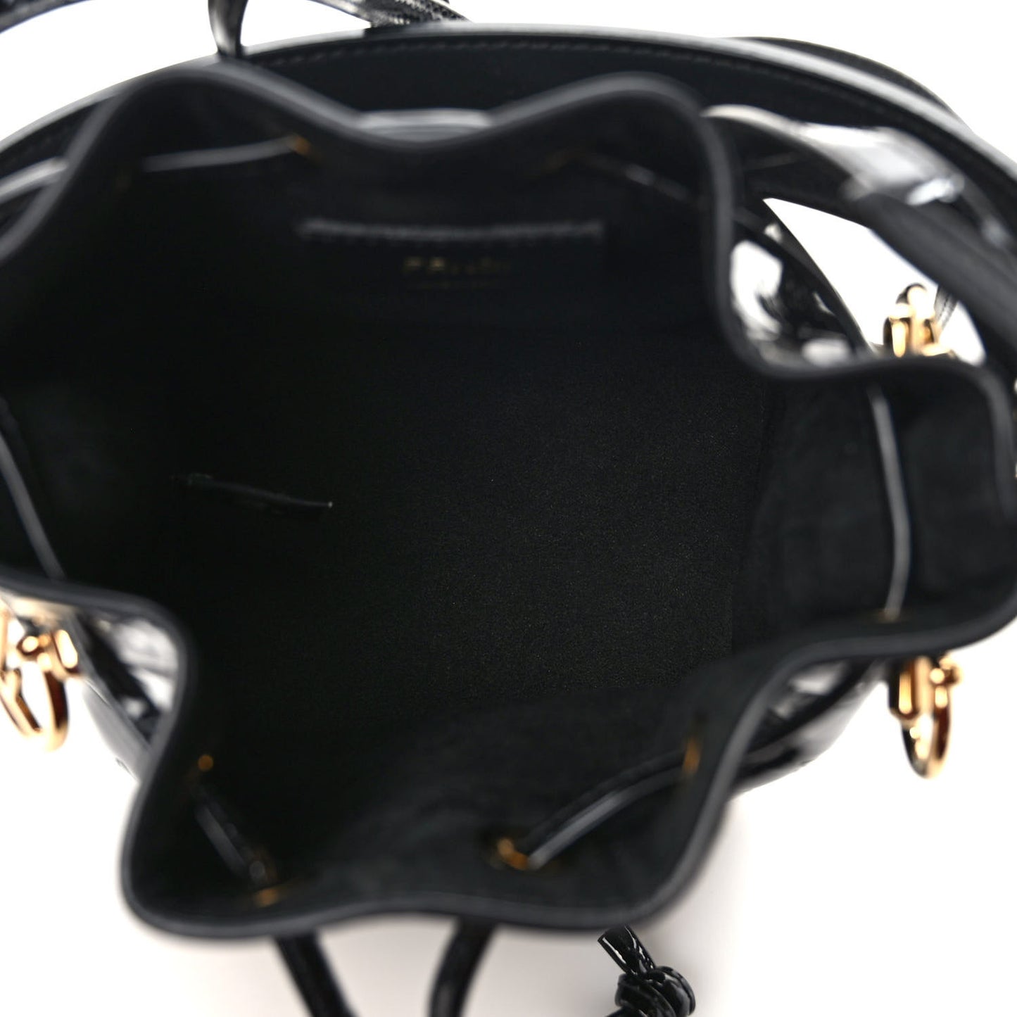 Vitello Vernice Mou F is Fendi Karligraphy Embossed Mini Mon Tresor Bucket Bag Black