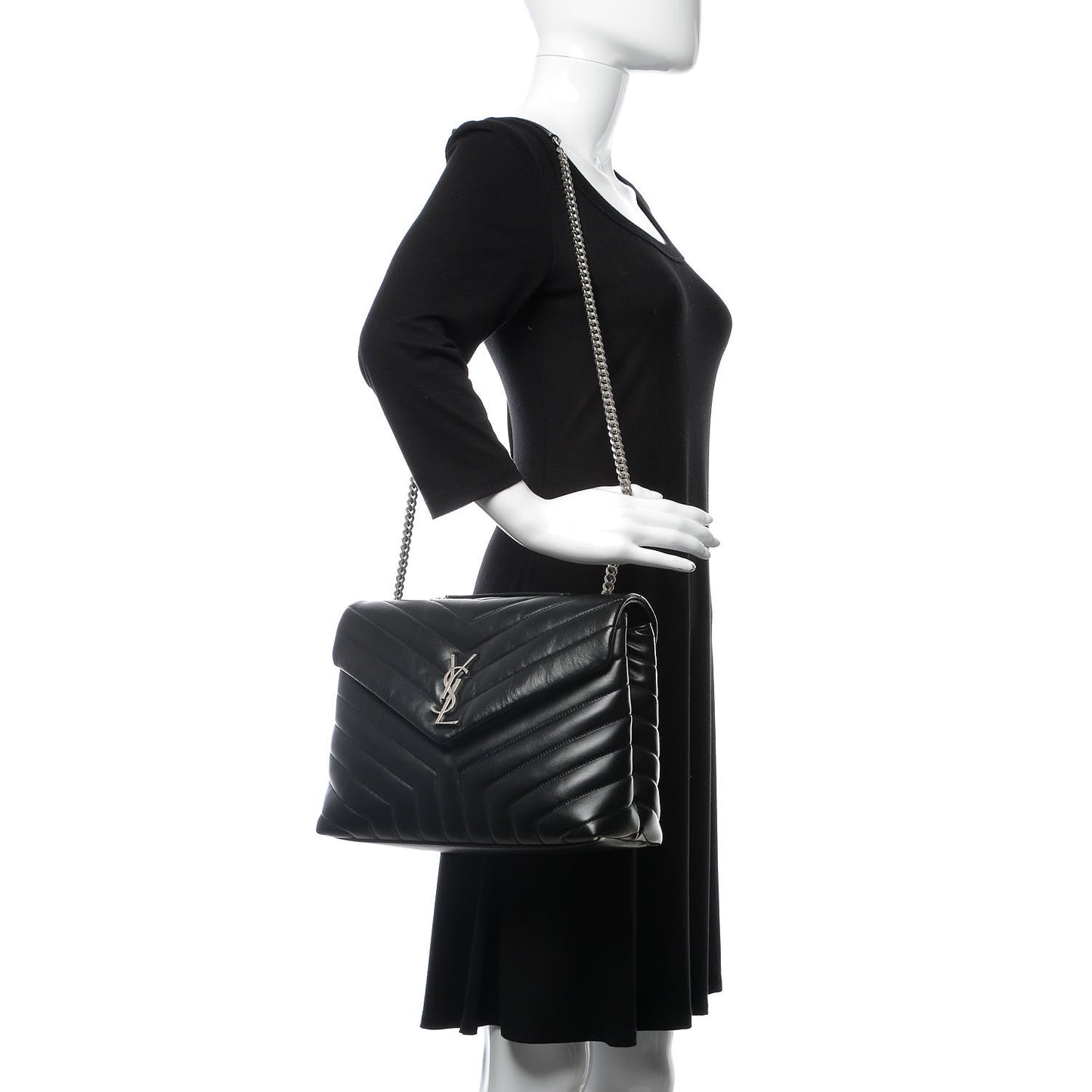 Calfskin Y Quilted Monogram Medium Loulou Chain Satchel Black