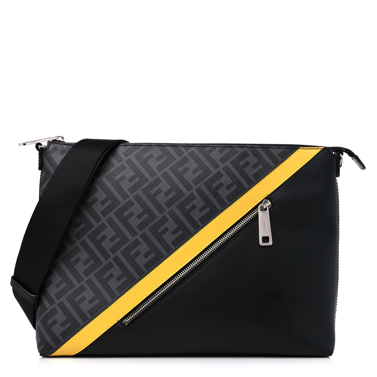 Fendi Glazed Fabric Vitello Liberty FF 1974 Diagonal Medium East West Messenger Black Sunflower 1 of 12