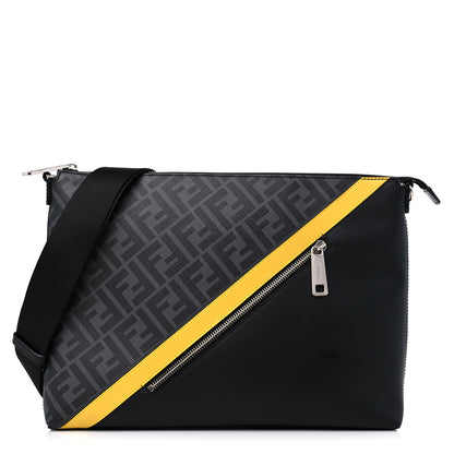 Fendi Glazed Fabric Vitello Liberty FF 1974 Diagonal Medium East West Messenger Black Sunflower 1 of 12