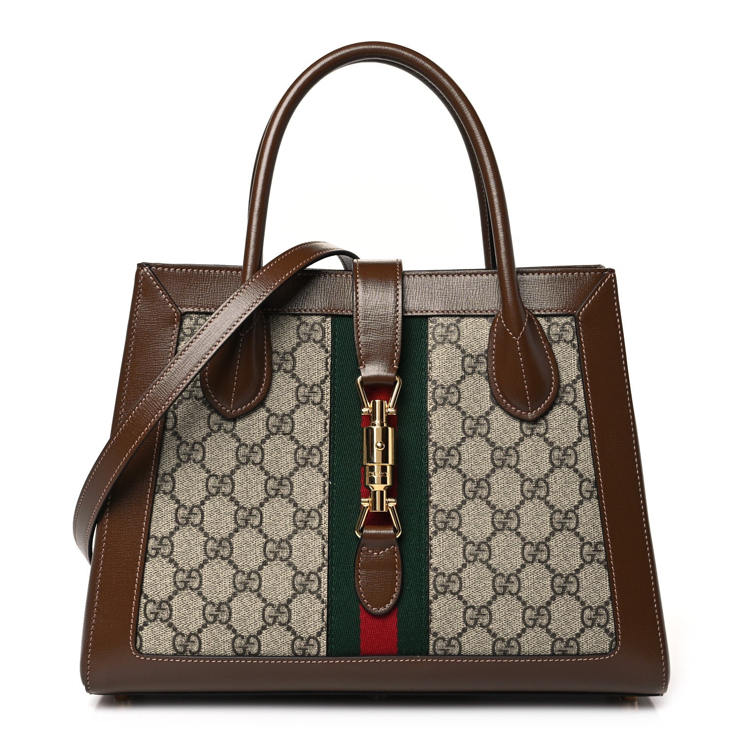 Gucci GG Supreme Monogram Azalea Calfskin Web Medium Jackie 1961 Tote Beige Ebony Brown Sugar 1 of 9