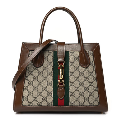 Gucci GG Supreme Monogram Azalea Calfskin Web Medium Jackie 1961 Tote Beige Ebony Brown Sugar 1 of 9