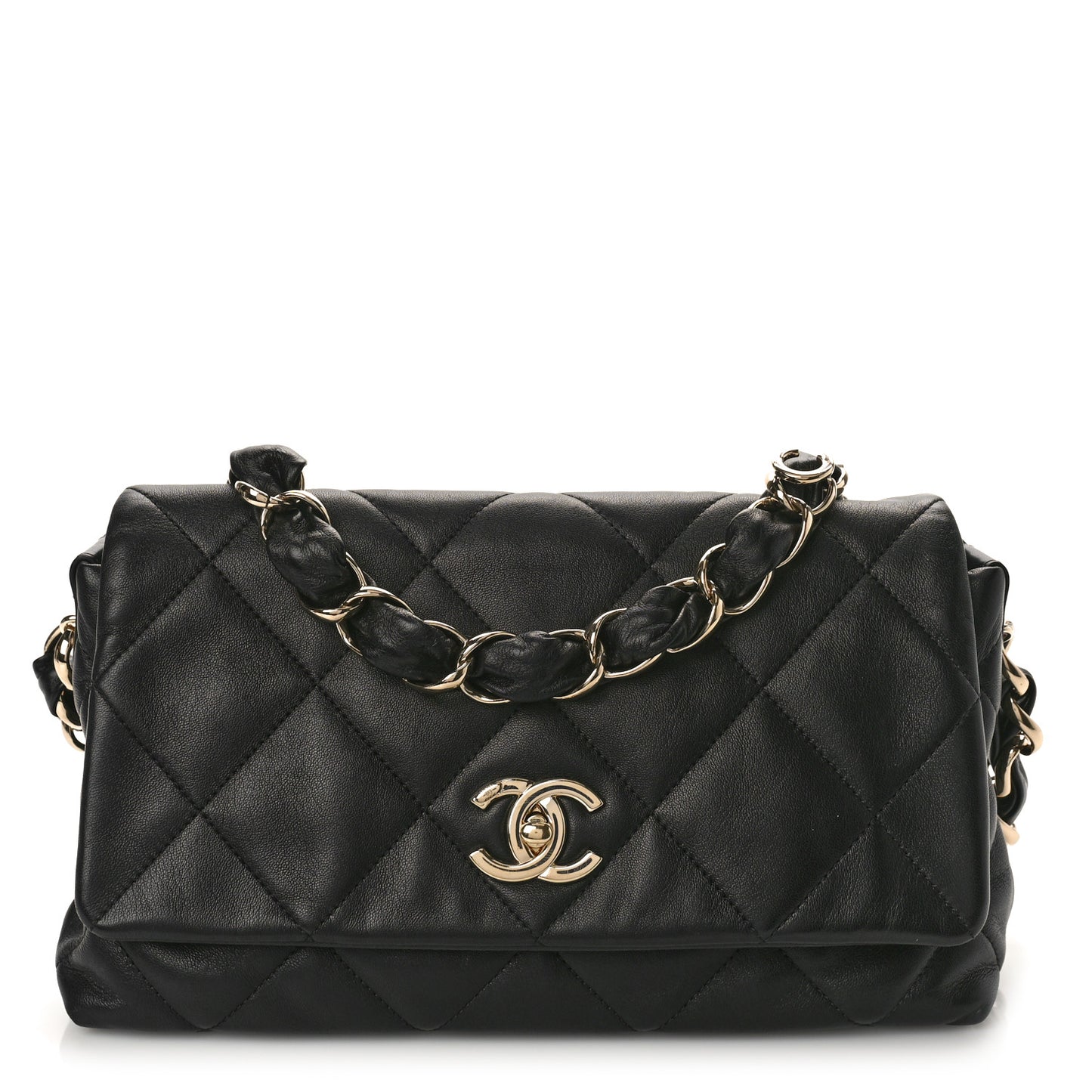 Lambskin Quilted Logo Strap Flap Black