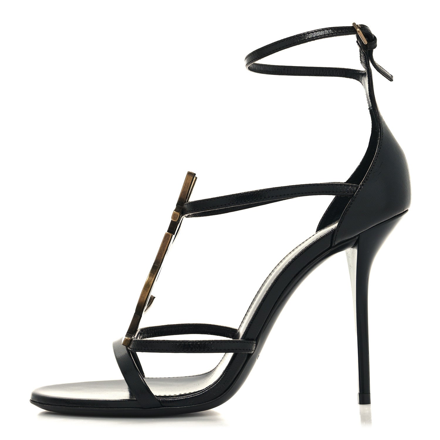 Saint Laurent Calfskin Cassandra 100 Ankle Strap Sandals 39 Black Gold 1 of 9