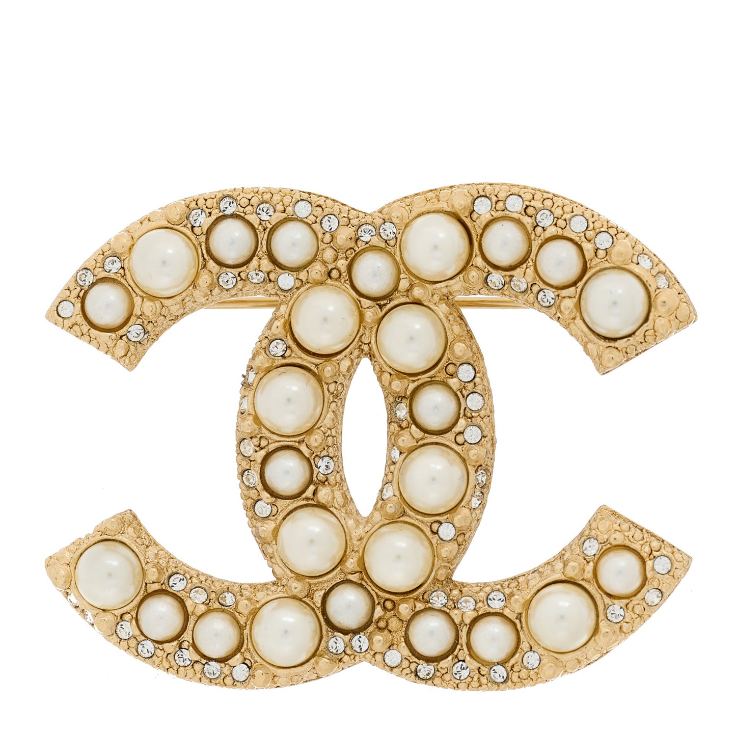 Metal Crystal Graduated Pearl CC Brooch Gold