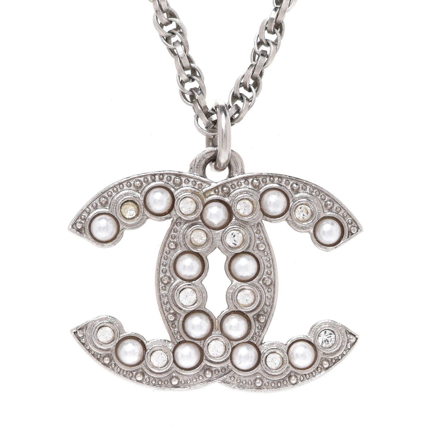 Crystal Pearl CC Pendant Necklace Silver
