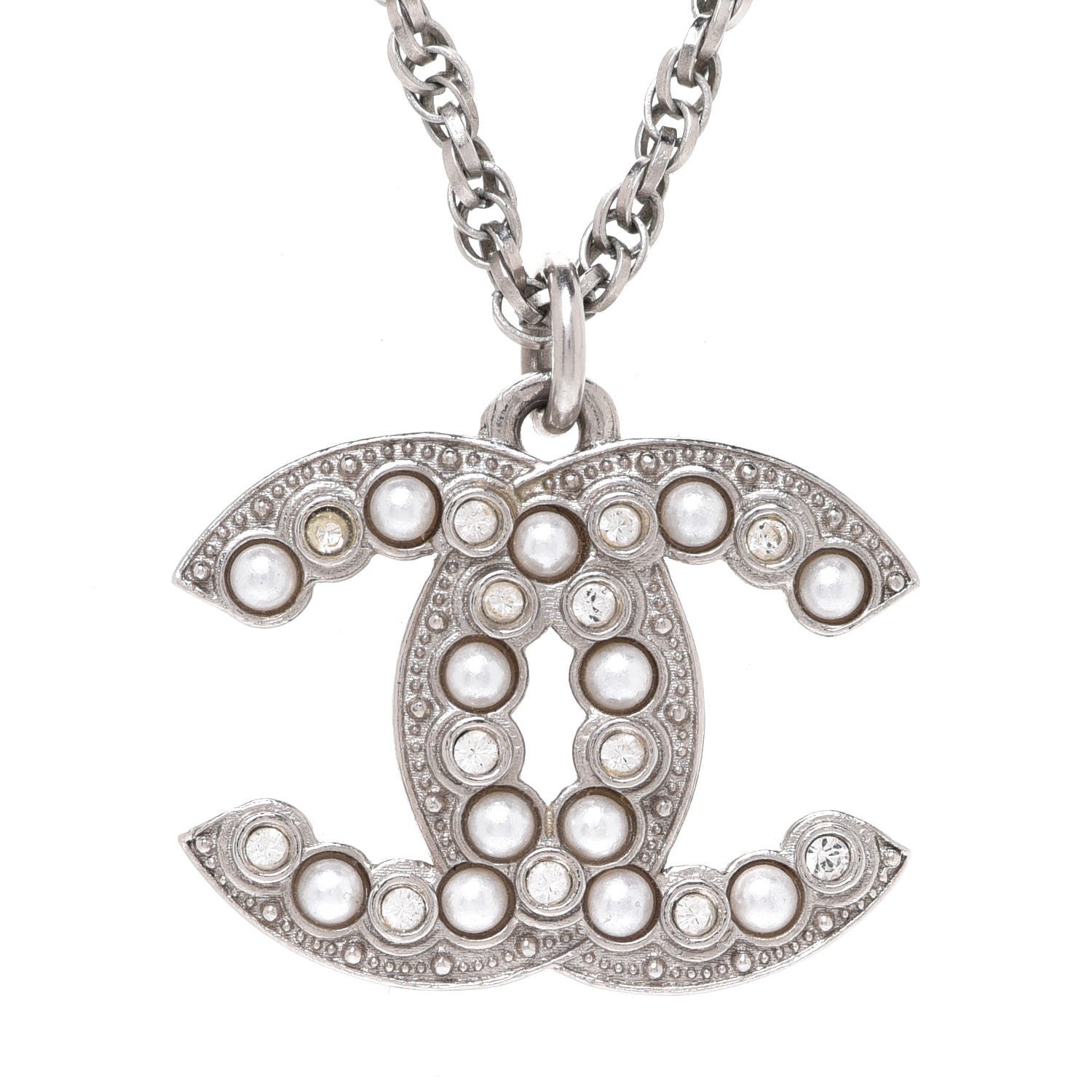 Chanel Crystal Pearl CC Pendant Necklace Silver 5 of 7