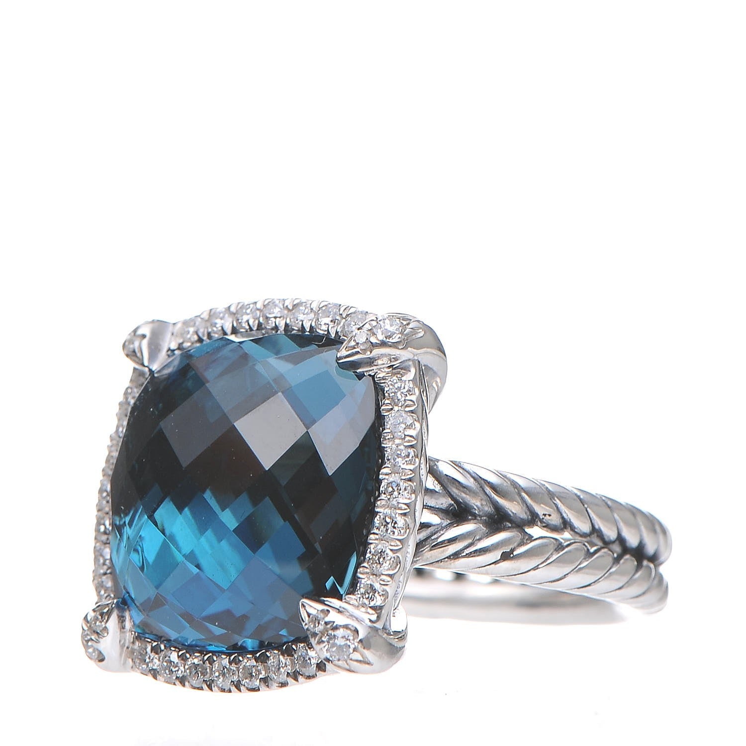 David Yurman Sterling Silver Diamond Hampton Blue Topaz 14mm Chatelaine Pave Bezel Ring 52 6 3 of 4