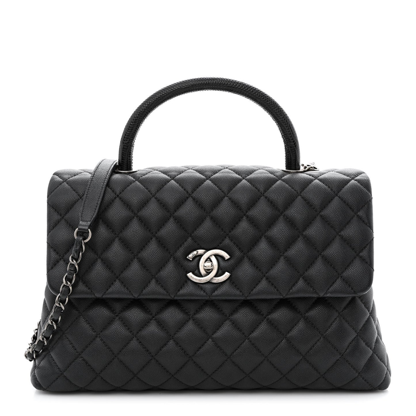 Caviar Lizard Quilted Medium Coco Handle Flap Black