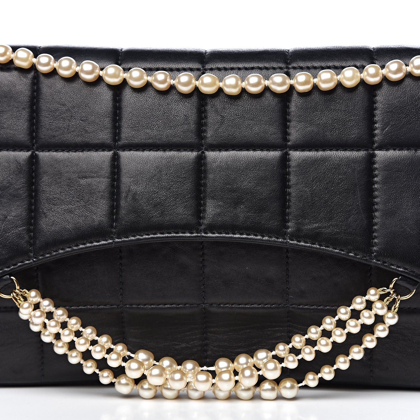 Lambskin Chocolate Bar Pearl Chain Flap Black