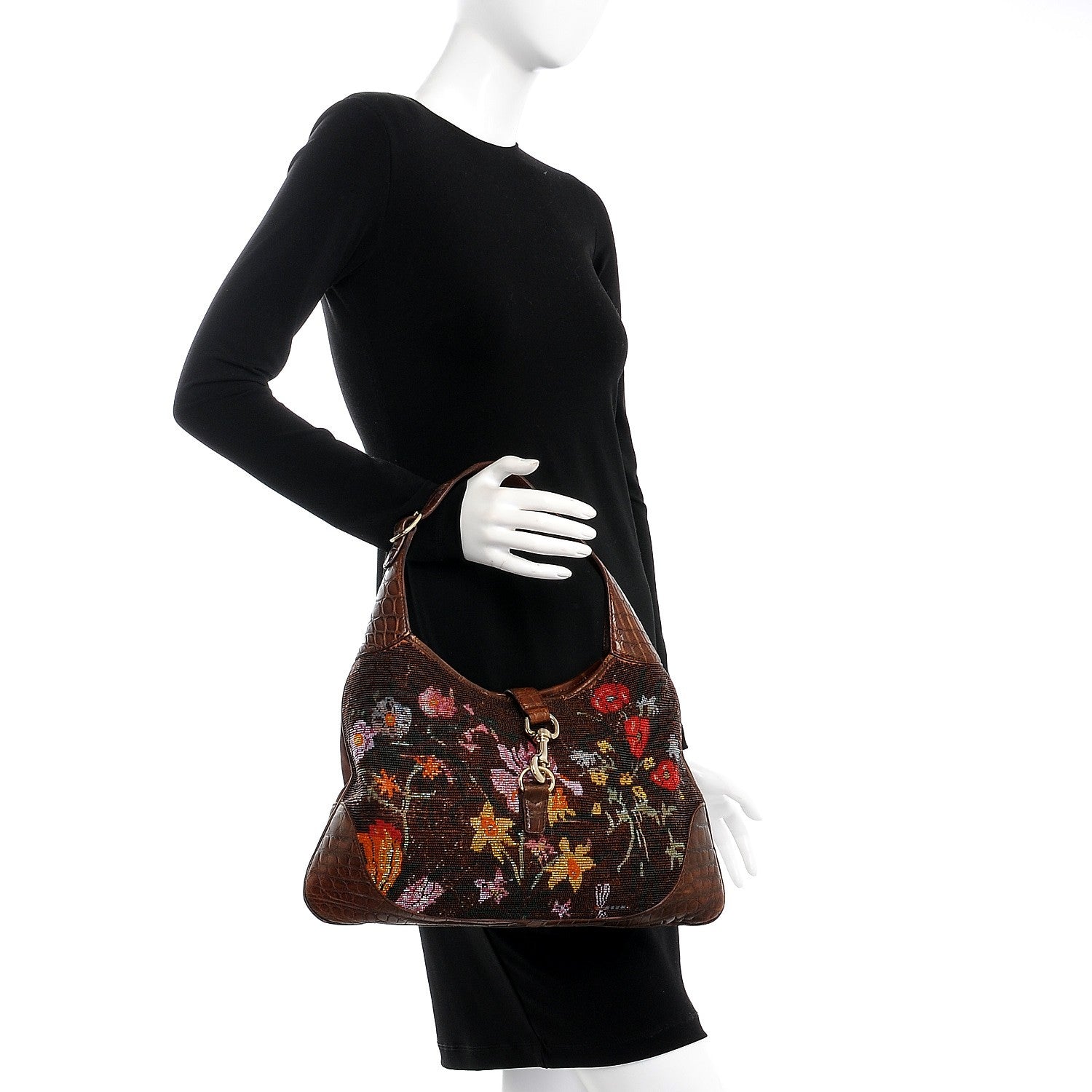 Gucci Beaded Crocodile Floral Jackie Hobo Bag Brown 2 of 7
