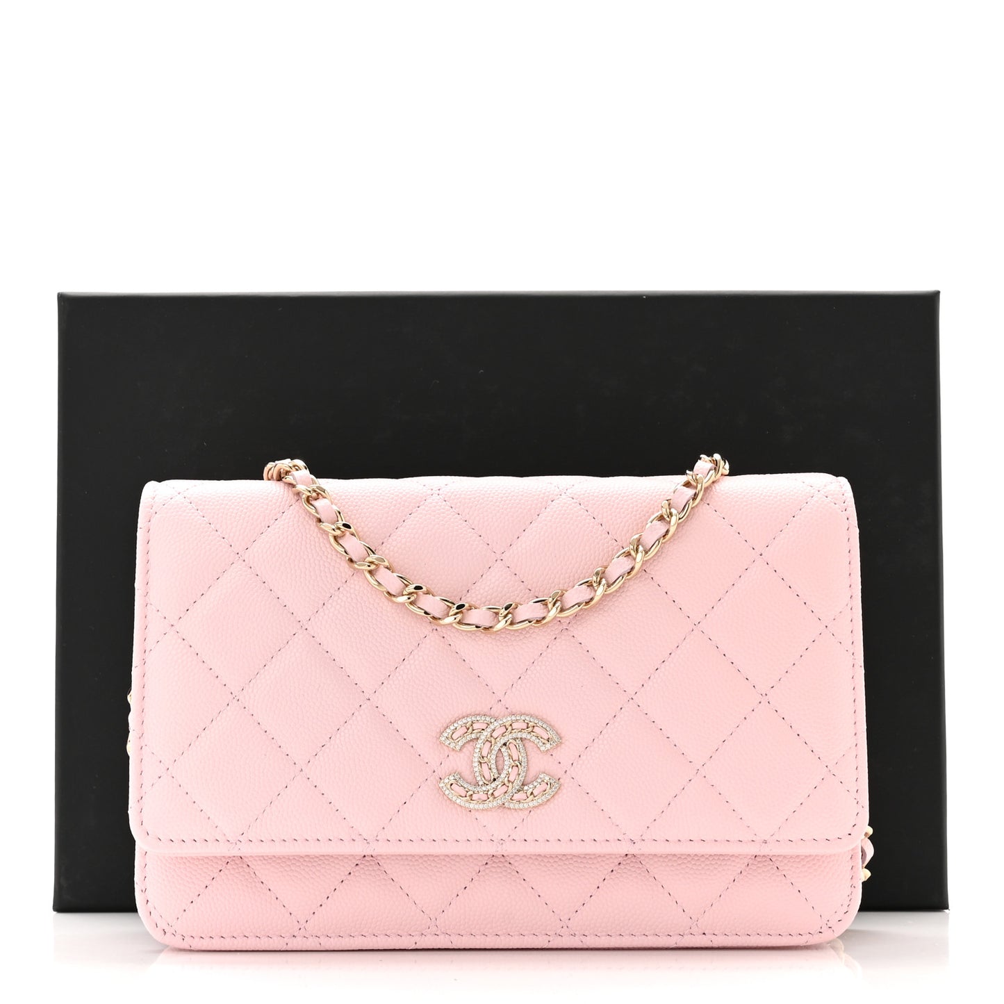 Caviar Quilted Crystal CC Wallet On Chain WOC Light Pink