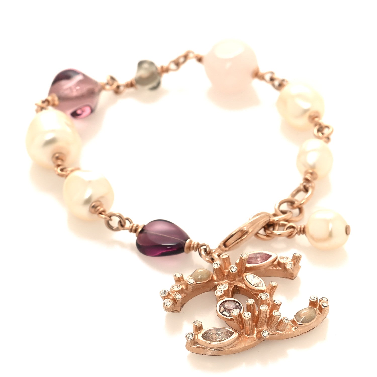 Chanel Crystal Marquise CC Irregular Pearl Bracelet Gold Purple 1 of 4