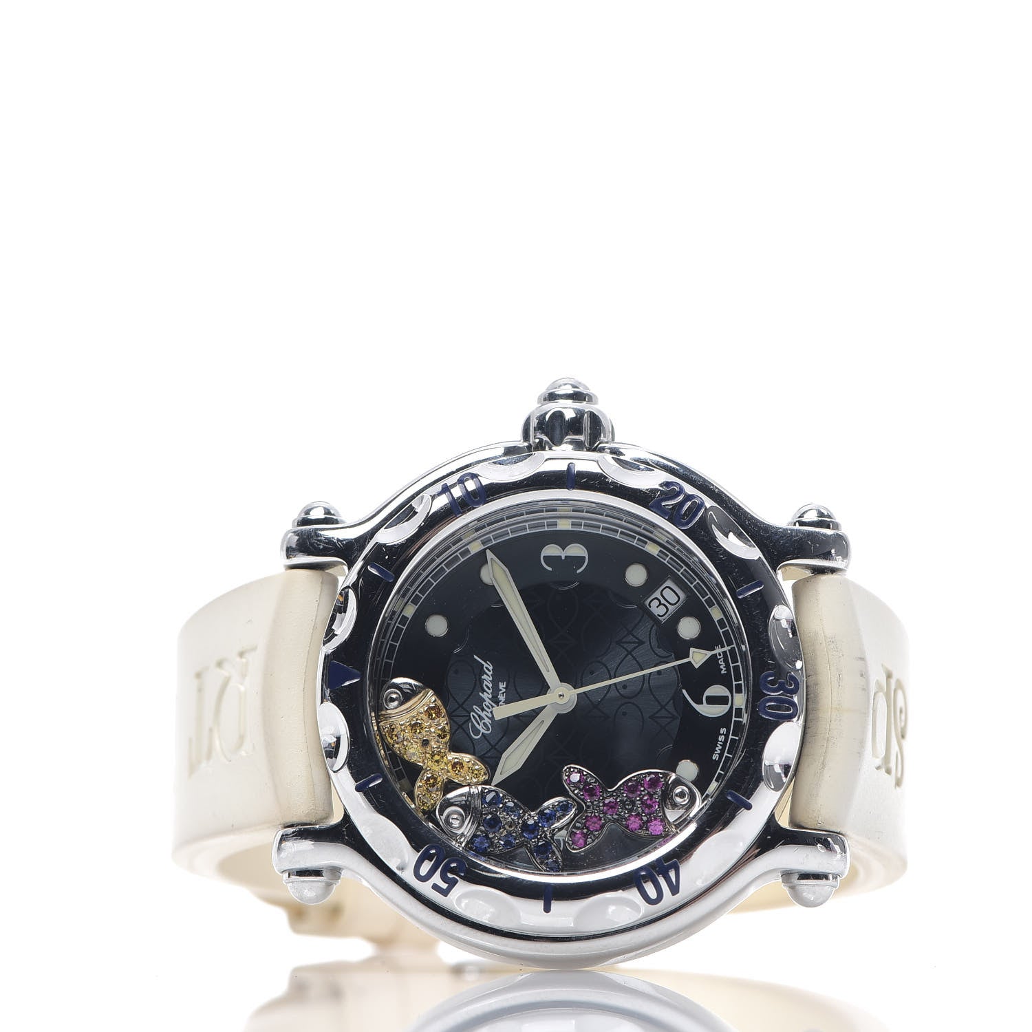 Chopard Stainless Steel Rubber Ruby Yellow Sapphire 38mm Happy Sport Fish Quartz Watch Blue 2 of 9