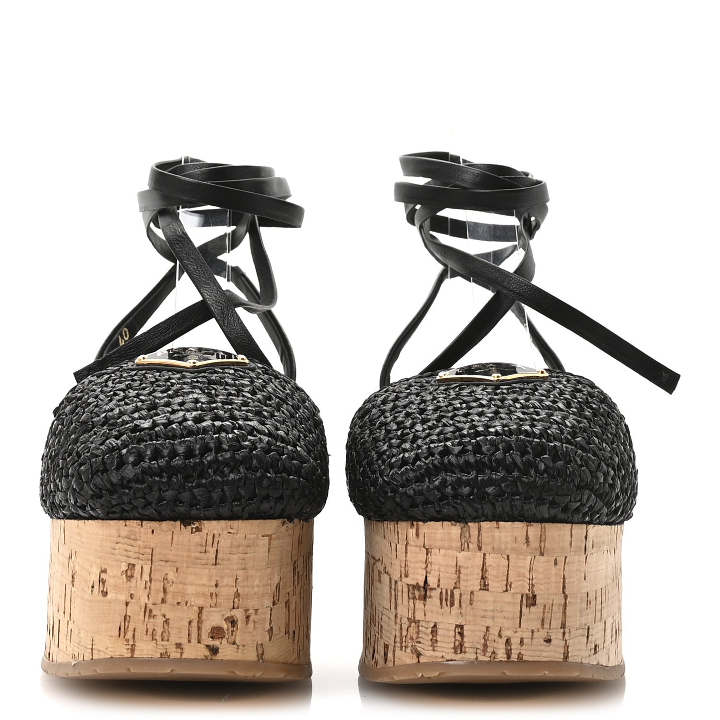Raffia Cork Triangle Crochet Ankle Strap Platform 75mm Sandals 40 Black