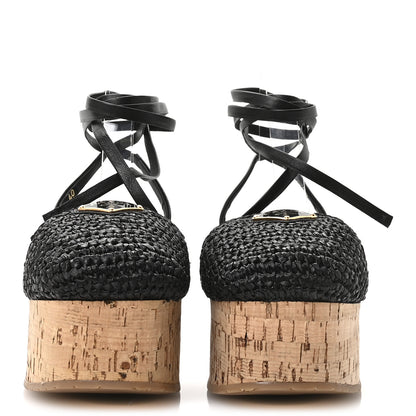 Prada Raffia Cork Triangle Crochet Ankle Strap Platform 75mm Sandals 40 Black 3 of 8