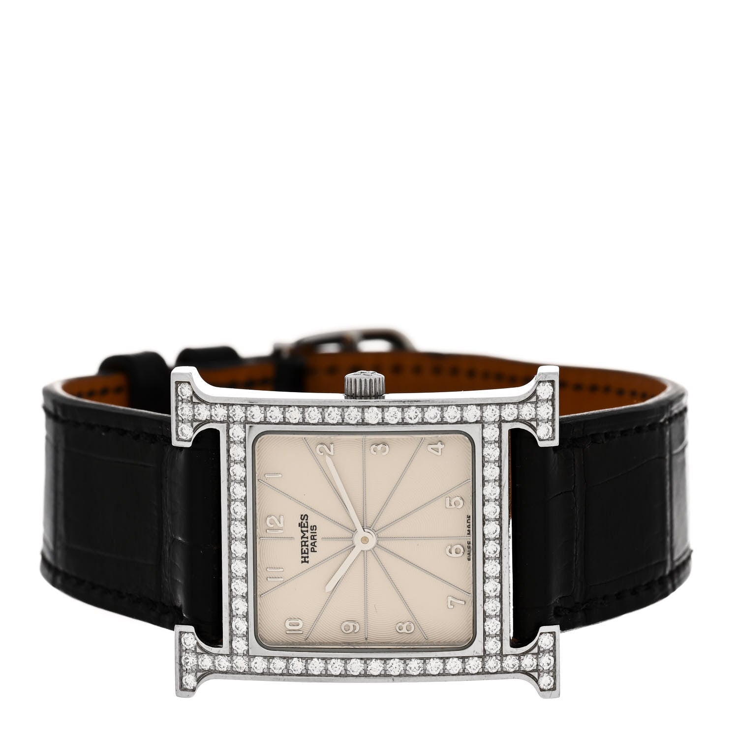 Hermes Stainless Steel Alligator Diamond Bezel 26mm Heure H Hour Quartz Watch Noir 2 of 5