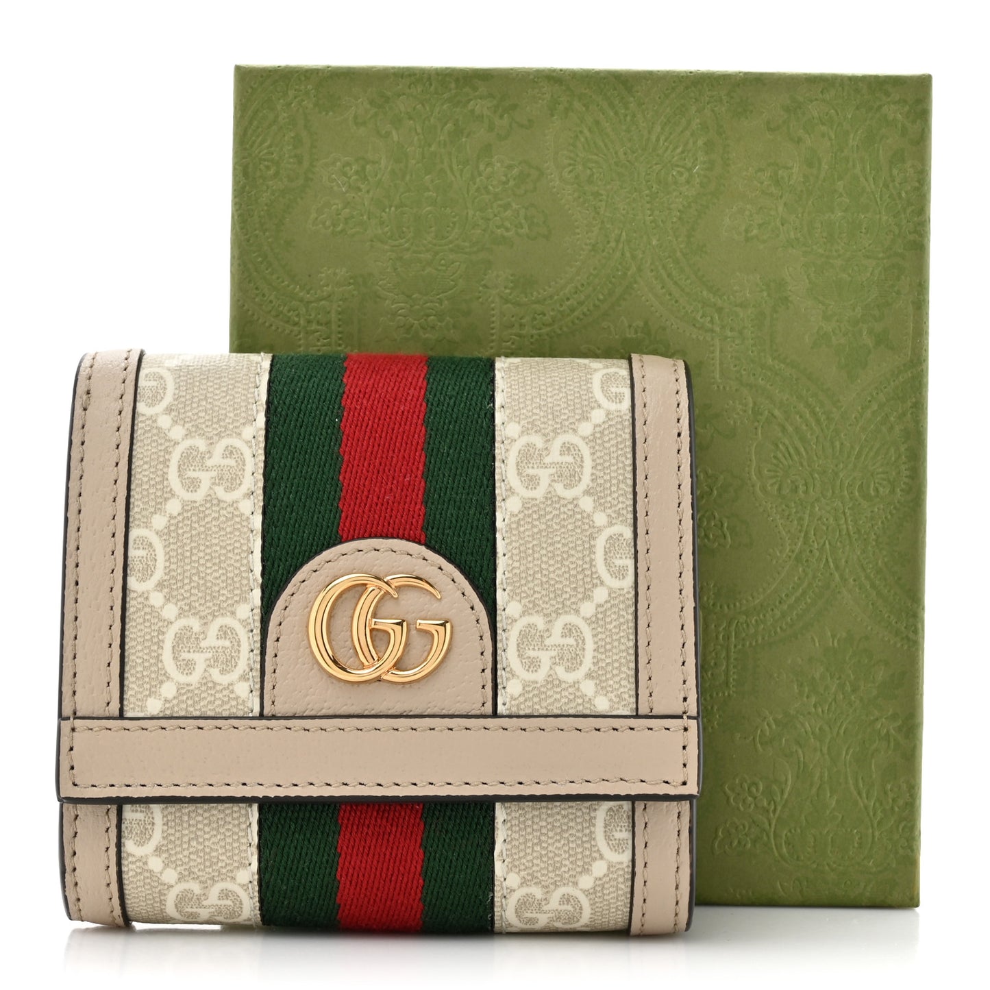 GG Supreme Monogram Textured Dollar Calfskin Web Ophidia Card Case Wallet Beige Mystic White Oatmeal