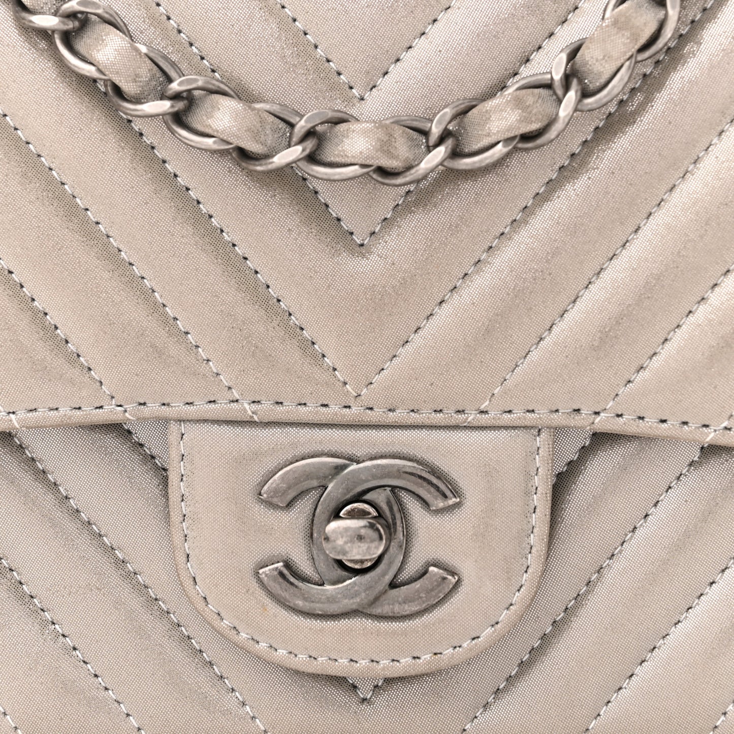 Iridescent Calfskin Chevron Quilted Mini Square Flap Silver