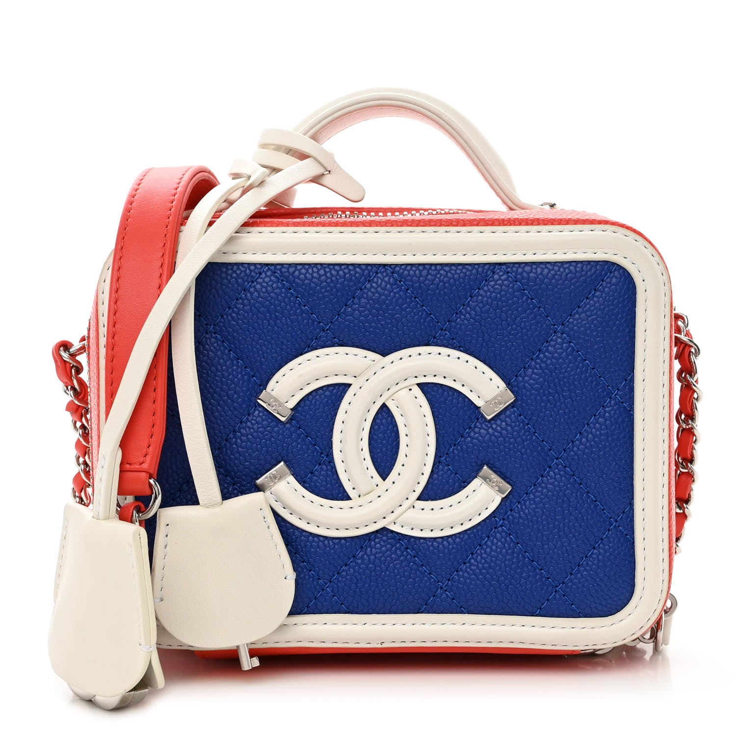 Chanel Caviar Quilted Small CC Filigree Vanity Case Blue White Red 1 of 10