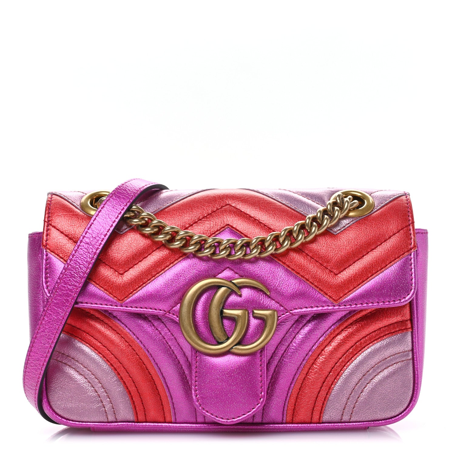 Gucci Metallic Calfskin Matelasse Mini GG Marmont Shoulder Bag Fuchsia 1 of 10
