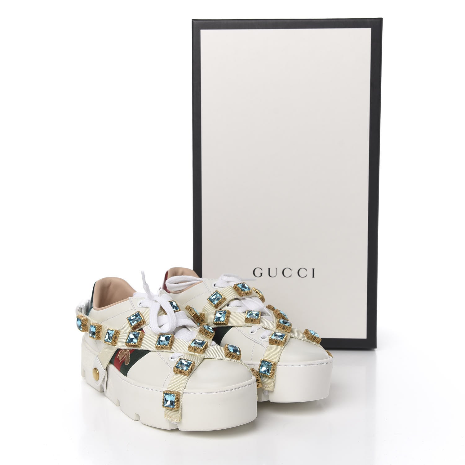 Gucci Calfskin Removable Crystals Bee Embroidered Womens Ace Platform Sneakers 35 White 11 of 11