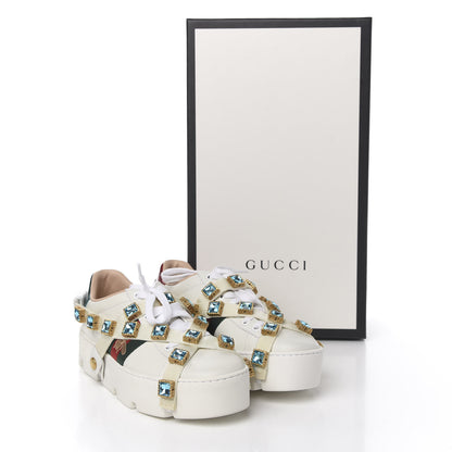 Gucci Calfskin Removable Crystals Bee Embroidered Womens Ace Platform Sneakers 35 White 11 of 11