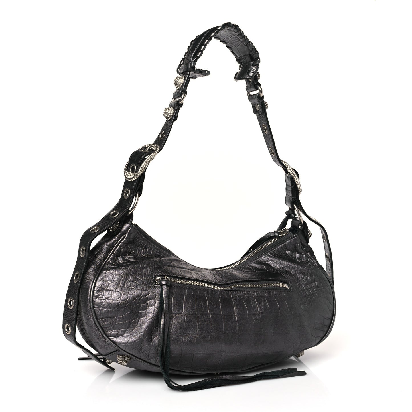 Metallic Calfskin Crocodile Embossed Crystal Small Le Cagole Shoulder Bag Gunmetal